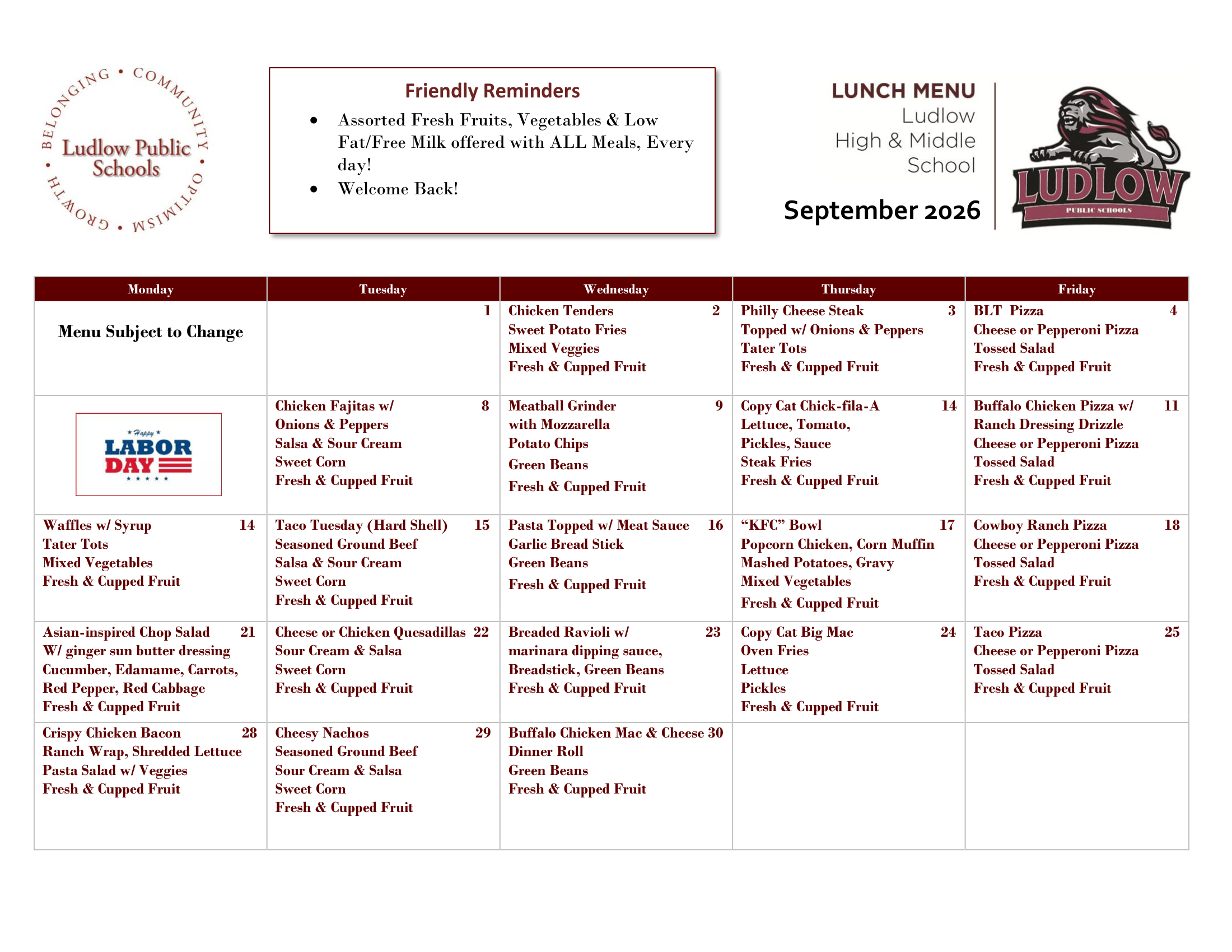 September 2026 lunch calendar